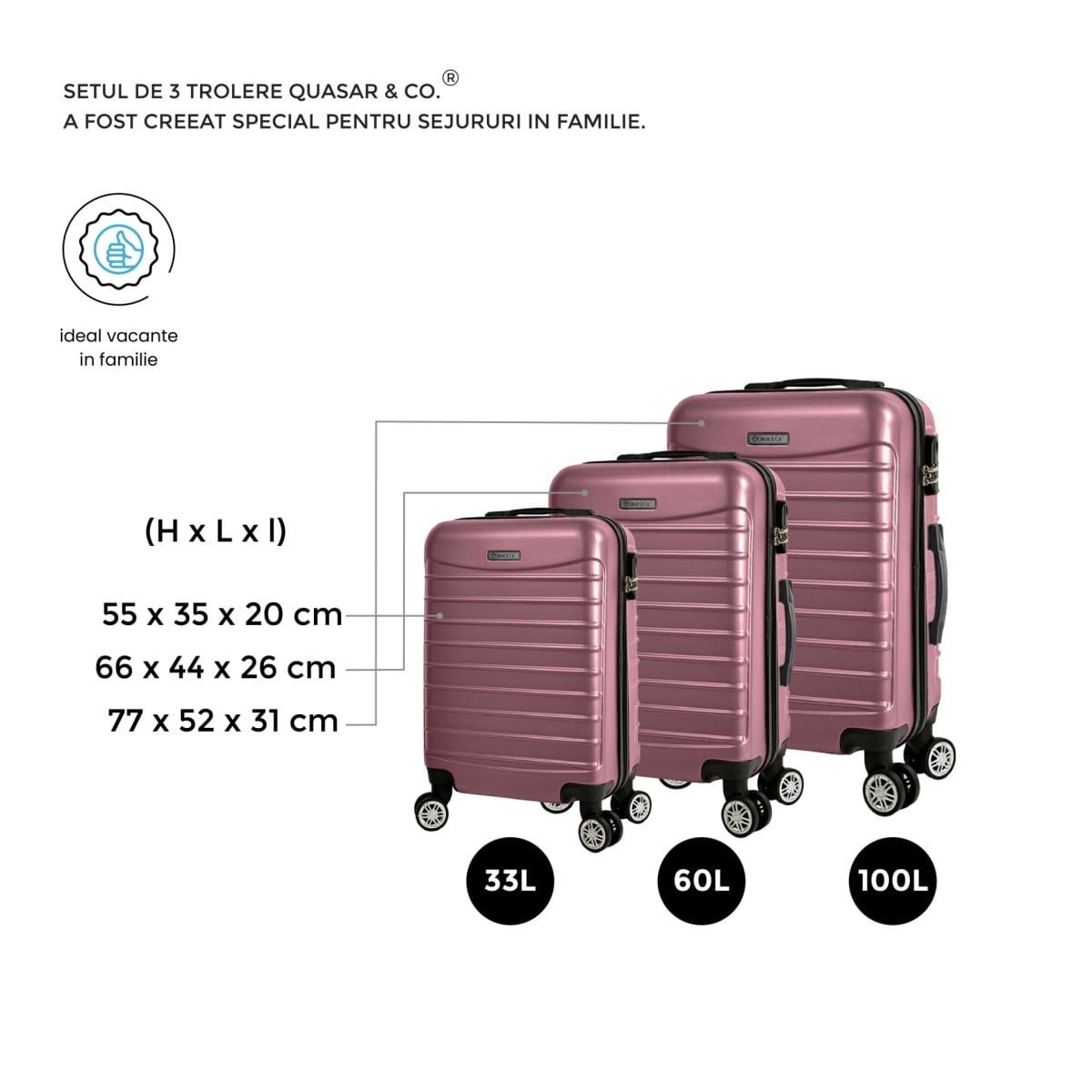 Set 3 trolere, Quasar & Co.®, Model Compatible Air, ABS, roz pudrat, Mic/Mediu/Mare 3
