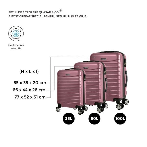 Set 3 trolere, Quasar & Co.®, Model Compatible Air, ABS, roz pudrat, Mic/Mediu/Mare - imagine 3