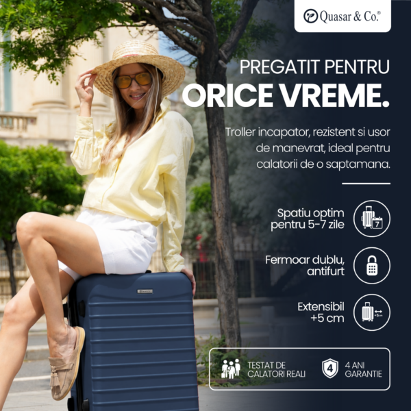 Troler mediu extensibil Quasar & Co.®, 66x45x28-33cm, bagaj de cala, troller avion cu fermoar antifurt, cifru, maner telescopic, geamantan cu 4 roti duble silentioase 360°, valiza ABS 2.8 mm, 2 compartimente cu buzunar, LINE, Bleumarin
