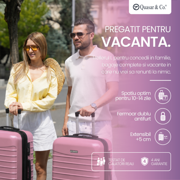 Troler mare extensibil Quasar & Co.®, 77x53x32-37cm, bagaj de cala, troller avion cu fermoar antifurt, cifru, maner telescopic, geamantan cu 4 roti duble silentioase 360°, valiza ABS 2.8 mm, 2 compartimente cu buzunar, LINE, Roz pudrat