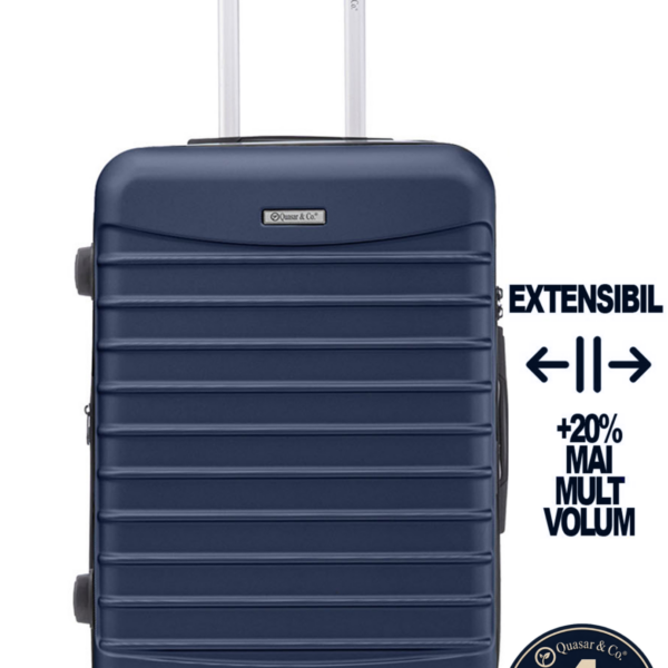 Troler mediu extensibil Quasar & Co.®, 66x45x28-33cm, bagaj de cala, troller avion cu fermoar antifurt, cifru, maner telescopic, geamantan cu 4 roti duble silentioase 360°, valiza ABS 2.8 mm, 2 compartimente cu buzunar, LINE, Bleumarin