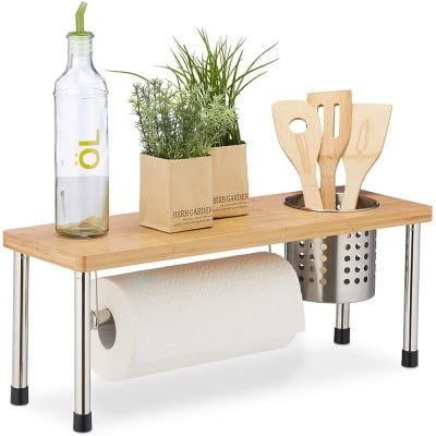 Raft bucatarie cu suport tacamuri si rola hartie, Quasar & Co.®, inox/bambus, 55 x 20 x 20 cm, natur-argintiu 10