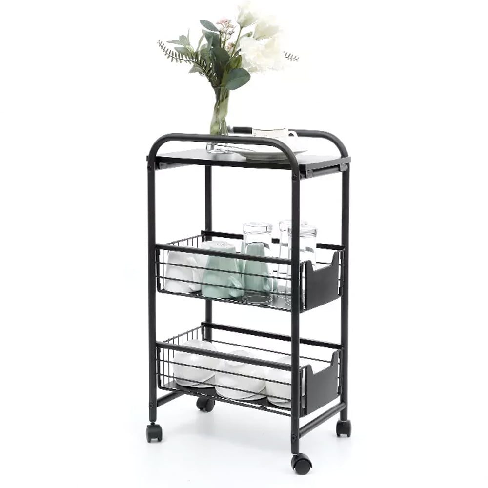 Raft depozitare pentru bucatarie, Quasar & Co.®, cu roti, 3 polite, dreptunghiular, 24 x 36 x 64 cm, metal, negru