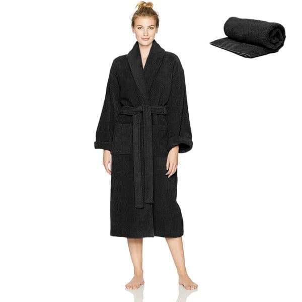 Set Halat de baie si prosop, Quasar & Co., 100% bumbac, halat baie gros, 1.1 kg, prosop de fata, 50 x 90 cm, negru, L/XL - imagine 4