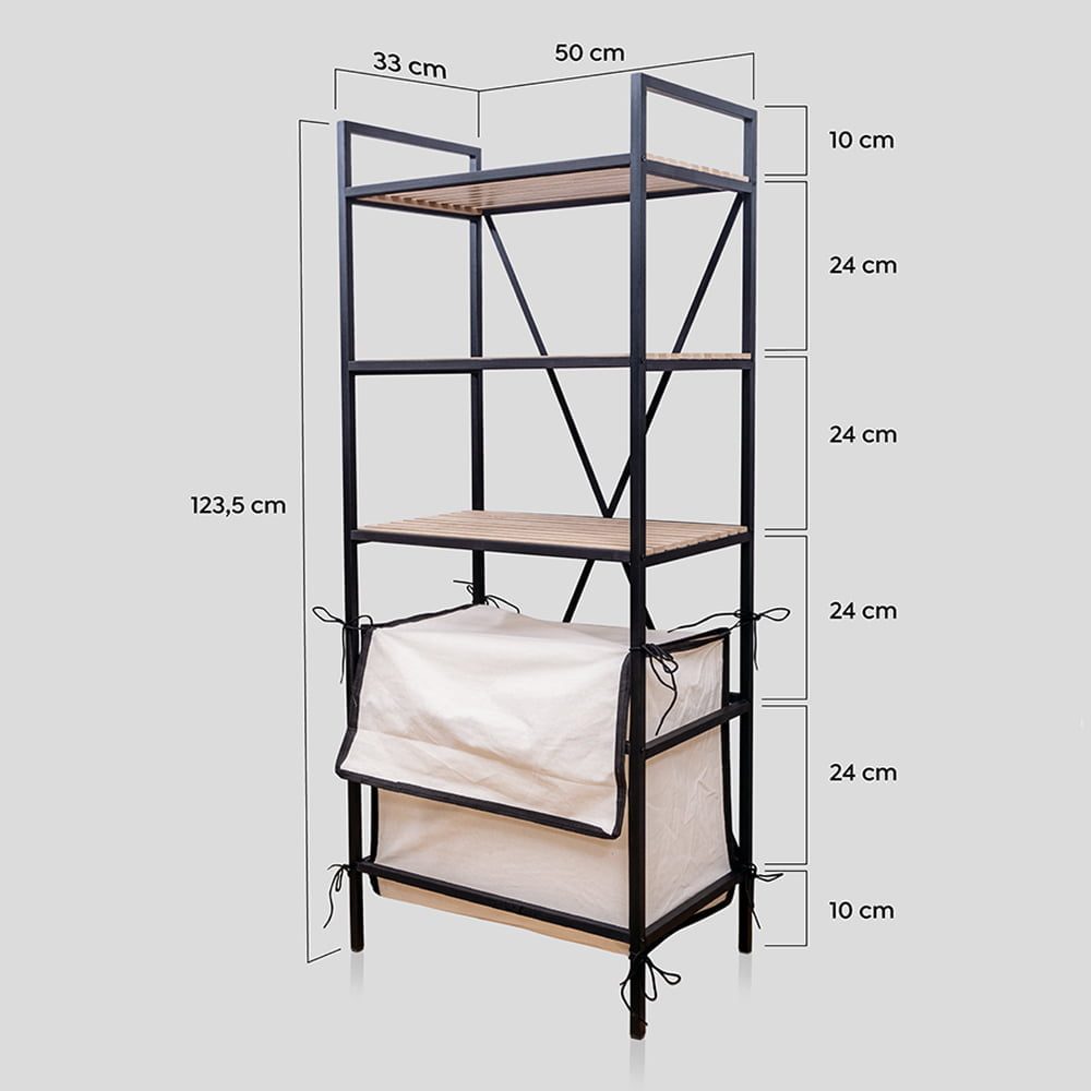 Raft universal, Quasar & Co.®, etajera cu 3 polite si cos de rufe, metal/lemn, 50 x 33 x 123.5 cm, negru 2