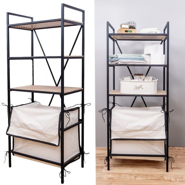 Raft universal, Quasar & Co.®, etajera cu 3 polite si cos de rufe, metal/lemn, 50 x 33 x 123.5 cm, negru - imagine 4