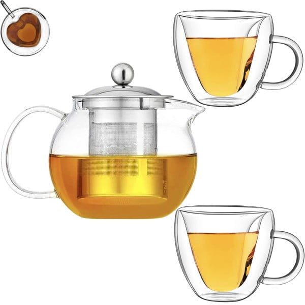 Set ceainic cu 2 cani, Quasar & Co.®, Love, cu infuzor, capac si 2 cani inima cu pereti dubli, 650 ml/2 x 250 ml, transparent - imagine 4