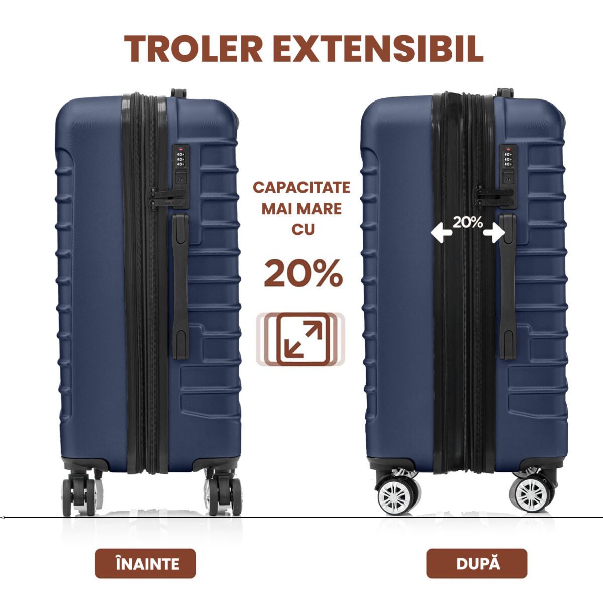 Troler Mare, Quasar & Co.®, Model Line, 4 roti duble cu rotatie 360°, maner telescopic, cifru, 77 x 52 x 31 cm, ABS, bleumarin 6