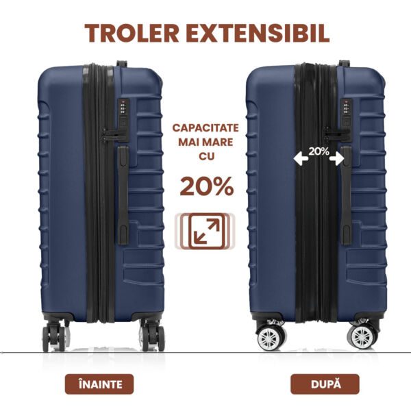 Troler Mare, Quasar & Co.®, Model Line, 4 roti duble cu rotatie 360°, maner telescopic, cifru, 77 x 52 x 31 cm, ABS, bleumarin - imagine 6