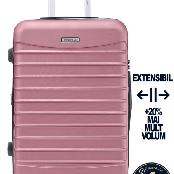 Troler mare extensibil Quasar & Co.®, 77x53x32-37cm, bagaj de cala, troller avion cu fermoar antifurt, cifru, maner telescopic, geamantan cu 4 roti duble silentioase 360°, valiza ABS 2.8 mm, 2 compartimente cu buzunar, LINE, Roz pudrat