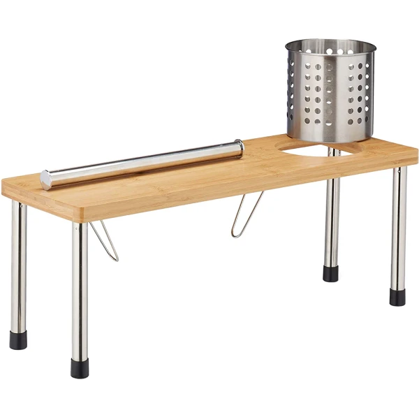 Raft bucatarie cu suport tacamuri si rola hartie, Quasar & Co.®, inox/bambus, 55 x 20 x 20 cm, natur-argintiu - imagine 3