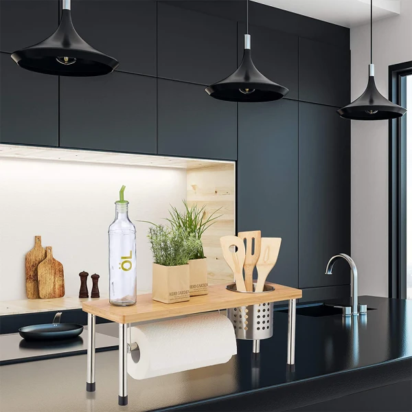 Raft bucatarie cu suport tacamuri si rola hartie, Quasar & Co.®, inox/bambus, 55 x 20 x 20 cm, natur-argintiu - imagine 9