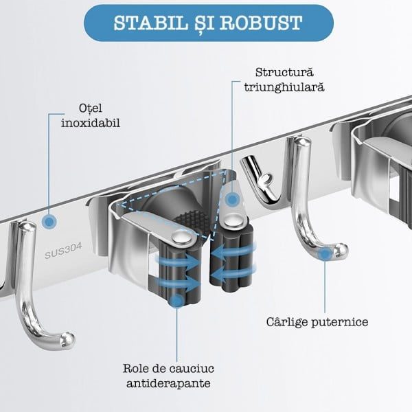 Suport perete pentru mop/matura/ustensile de curatat, Quasar & Co.®, 60.5 x 3 cm, 6 cuiere, 5 cleme, dibluri incluse, otel inoxidabil/cauciuc, argintiu - imagine 3
