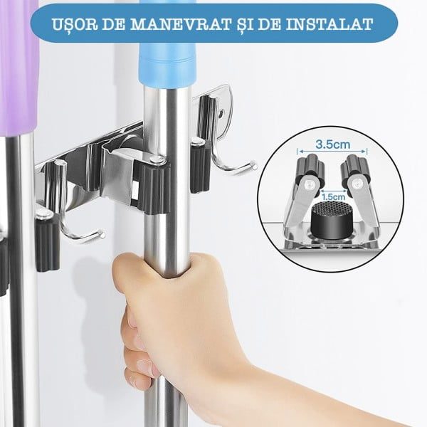 Suport perete pentru mop/matura/ustensile de curatat, Quasar & Co.®, 60.5 x 3 cm, 6 cuiere, 5 cleme, dibluri incluse, otel inoxidabil/cauciuc, argintiu - imagine 4