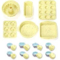 Set cofetarie/patiserie Quasar & Co.®, 46 piese, 6 x tavi copt diverse forme, 40 x mini forme, antiaderente, reutilizabile, silicon, galben 11