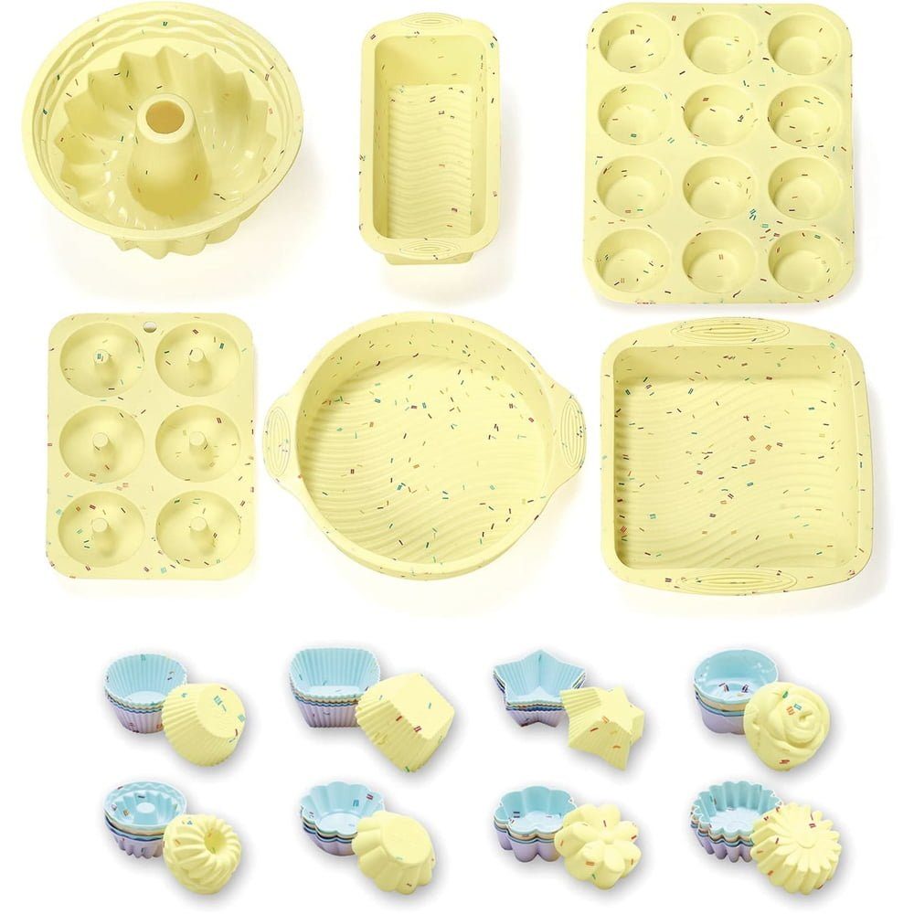 Set cofetarie/patiserie Quasar & Co.®, 46 piese, 6 x tavi copt diverse forme, 40 x mini forme, antiaderente, reutilizabile, silicon, galben