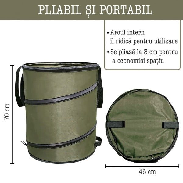 Sac resturi vegetale, Quasar & Co.®, pliabil, reutilizabil, textil, 113 L, d 46 cm, h 70 cm, verde - imagine 3