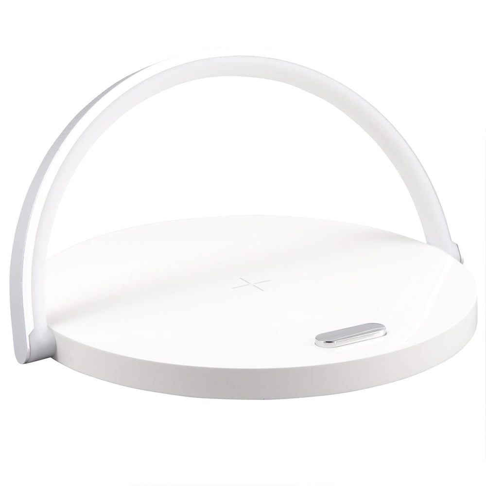 Lampa cu incarcare wireless si suport telefon, Quasar & Co.®, 3 functii, QI 10W, veioza cu 3 intensitati lumina, ABS, alb