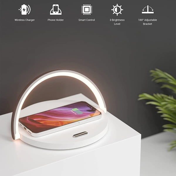 Lampa cu incarcare wireless si suport telefon, Quasar & Co.®, 3 functii, QI 10W, veioza cu 3 intensitati lumina, ABS, alb - imagine 3