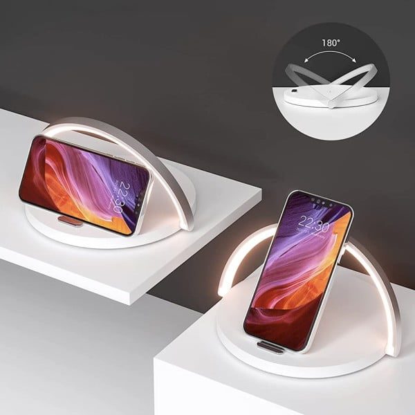 Lampa cu incarcare wireless si suport telefon, Quasar & Co.®, 3 functii, QI 10W, veioza cu 3 intensitati lumina, ABS, alb - imagine 6