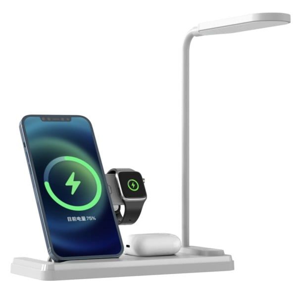 Lampa cu incarcare wireless si suport telefon, Quasar & Co.®, 4 functii, QI 15W, ABS, alb - imagine 4