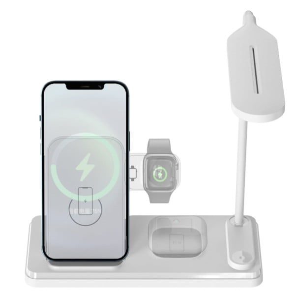 Lampa cu incarcare wireless si suport telefon, Quasar & Co.®, 4 functii, QI 15W, ABS, alb - imagine 5