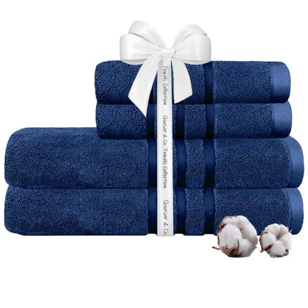 Set 4 prosoape Quasar & Co.®, 100% bumbac, 450 g/mp, 2 x 50 x 90/2 x 70 x 140 cm, albastru royal - imagine 1