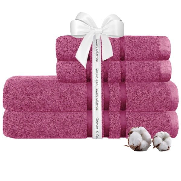 Set 4 prosoape Quasar & Co.®, 100% bumbac, 450 g/mp, 2 x 50 x 90/2 x 70 x 140 cm, fucsia - imagine 1