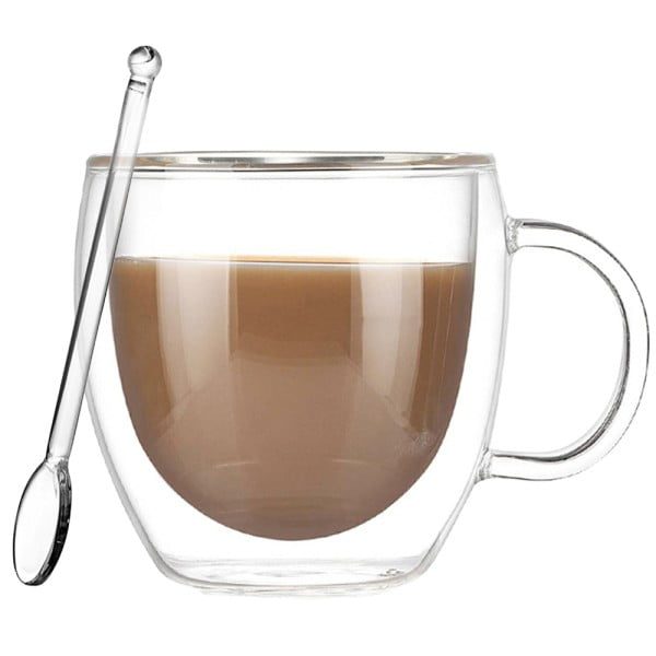 Set 2 cani cu pereti dubli si 2 lingurite, Quasar & Co.®, model rotund, termorezistenta, lingurita ceai/cafea, 250 ml, sticla, transparent - imagine 3