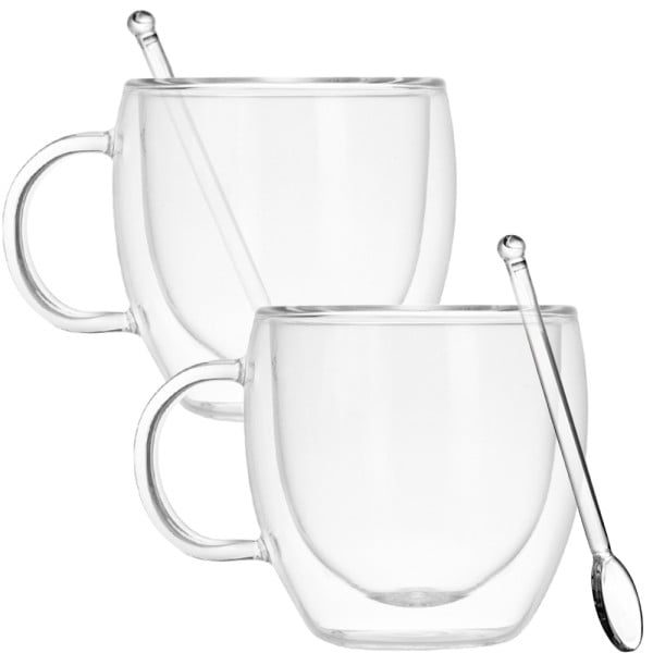 Set 2 cani cu pereti dubli si 2 lingurite, Quasar & Co.®, model rotund, termorezistenta, lingurita ceai/cafea, 250 ml, sticla, transparent - imagine 2