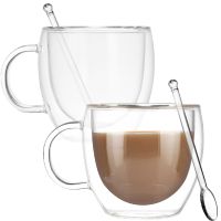 Set 2 cani cu pereti dubli si 2 lingurite, Quasar & Co.®, model rotund, termorezistenta, lingurita ceai/cafea, 250 ml, sticla, transparent 11
