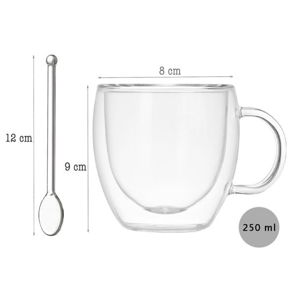 Set 4 cani cu pereti dubli cu 4 farfurioare si 4 lingurite, Quasar & Co.®, model rotund, termorezistenta, 250 ml, sticla, transparent - imagine 10