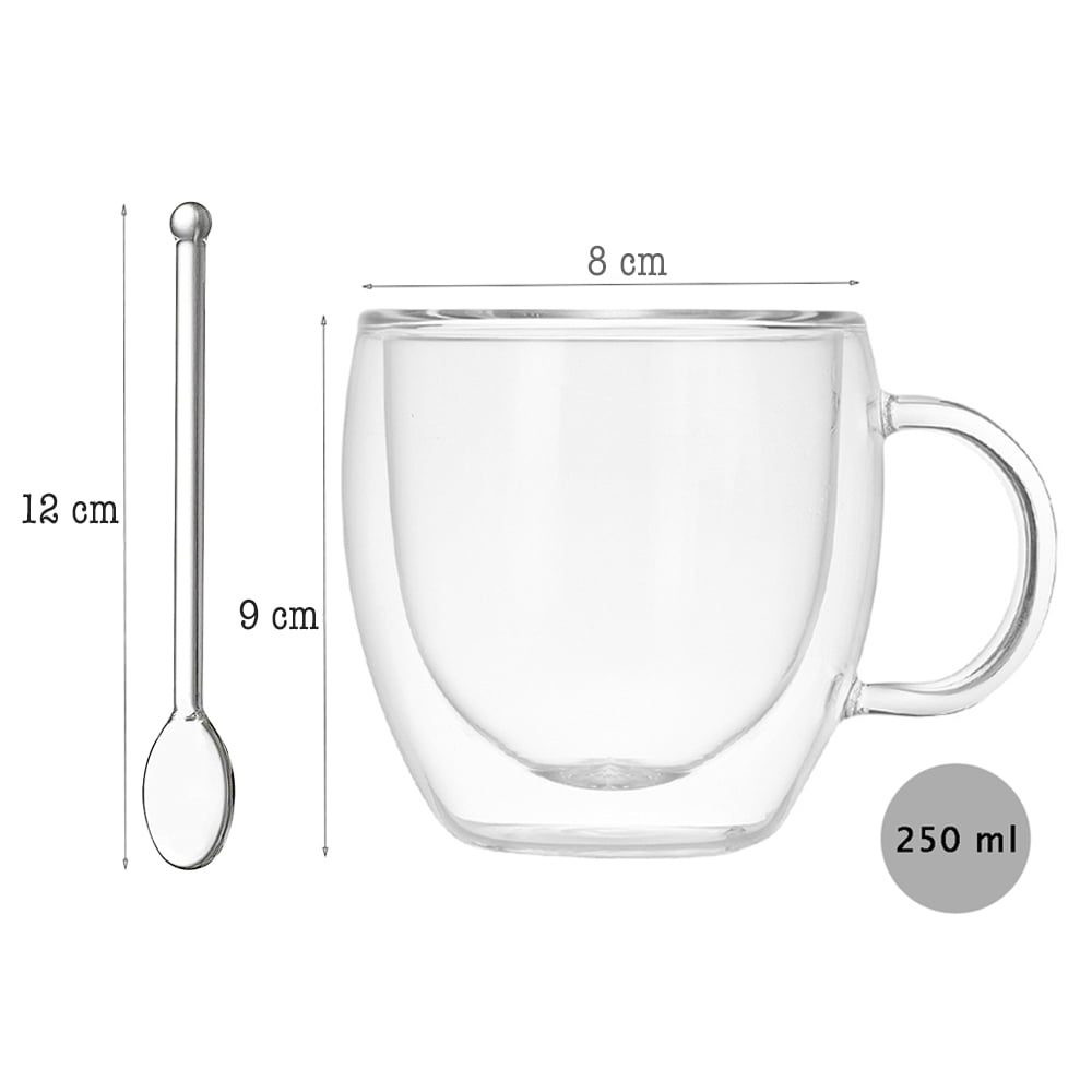 Set 4 cani cu pereti dubli cu 4 farfurioare si 4 lingurite, Quasar & Co.®, model rotund, termorezistenta, 250 ml, sticla, transparent 10