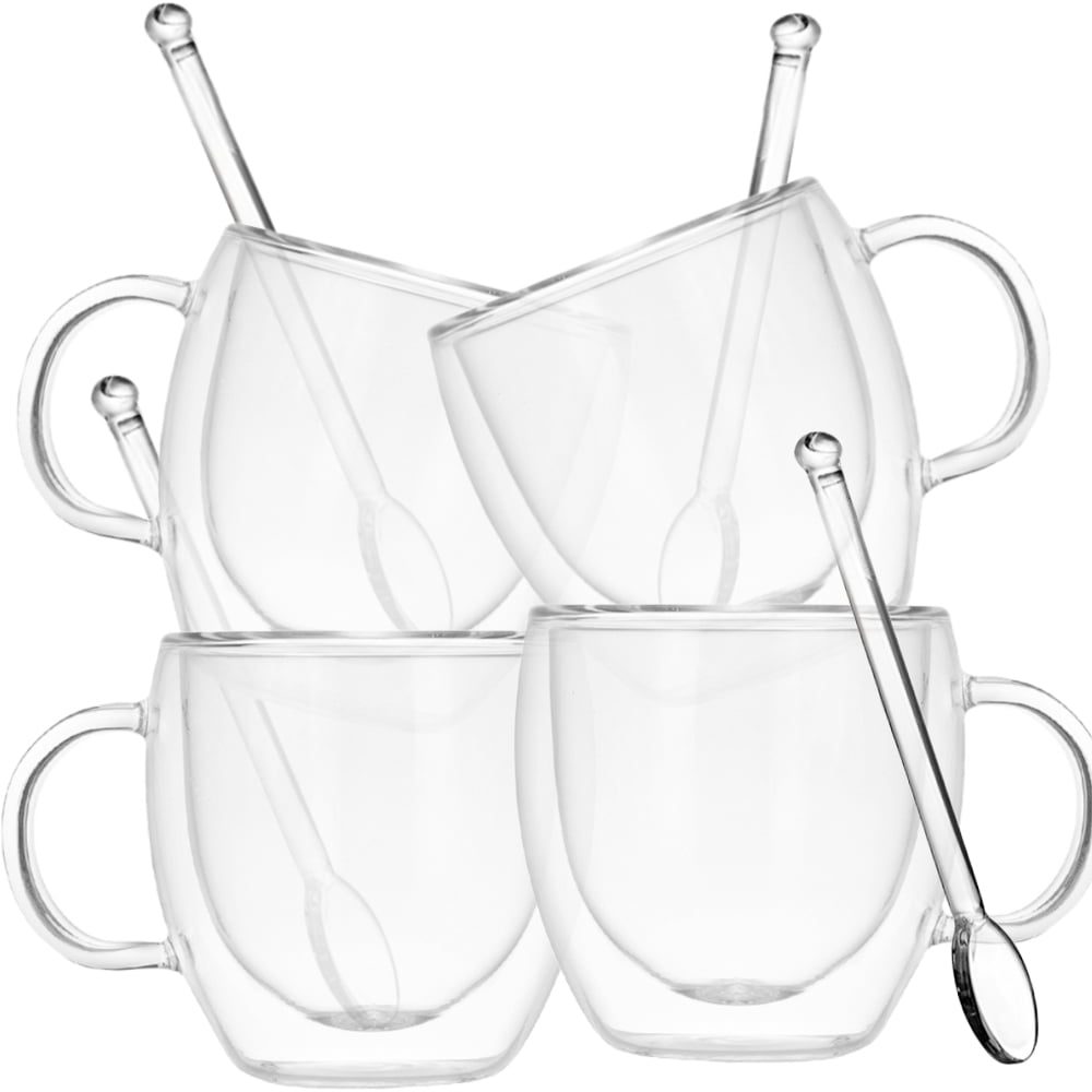 Set 4 cani cu pereti dubli cu 4 farfurioare si 4 lingurite, Quasar & Co.®, model rotund, termorezistenta, 250 ml, sticla, transparent 4