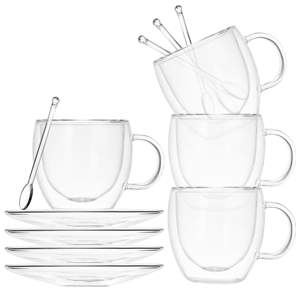 Set 4 cani cu pereti dubli cu 4 farfurioare si 4 lingurite, Quasar & Co.®, model rotund, termorezistenta, 250 ml, sticla, transparent 2