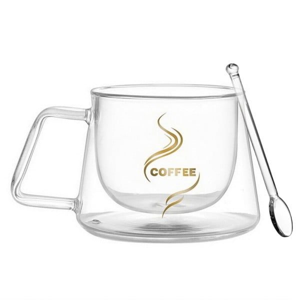 Set 2 cesti cu pereti dubli si 2 lingurite, Quasar & Co.®, model COFFEE, termorezistenta, lingurita ceai/cafea, 200 ml, sticla, transparent - imagine 4