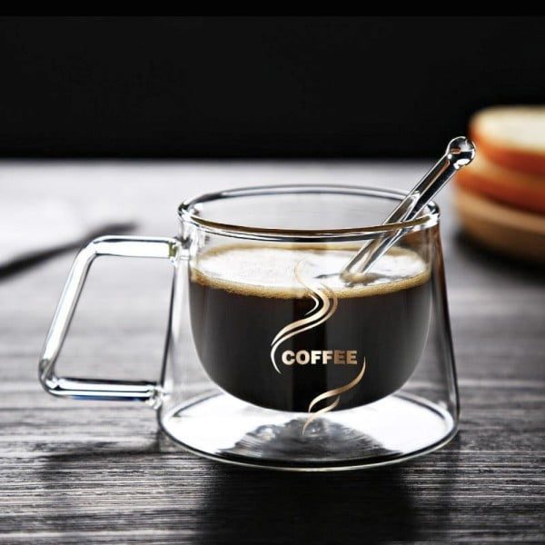 Set 2 cesti cu pereti dubli si 2 lingurite, Quasar & Co.®, model COFFEE, termorezistenta, lingurita ceai/cafea, 200 ml, sticla, transparent - imagine 6