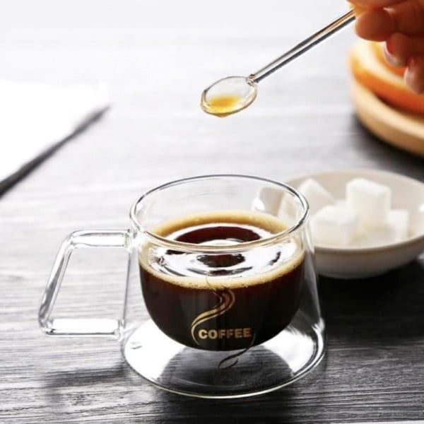 Set 2 cesti cu pereti dubli si 2 lingurite, Quasar & Co.®, model COFFEE, termorezistenta, lingurita ceai/cafea, 200 ml, sticla, transparent - imagine 5