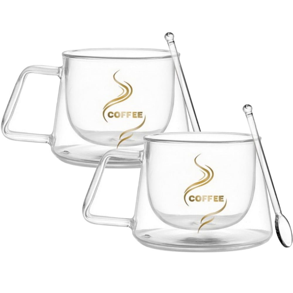 Set 2 cesti cu pereti dubli si 2 lingurite, Quasar & Co.®, model COFFEE, termorezistenta, lingurita ceai/cafea, 200 ml, sticla, transparent 2 Set 2 cesti cu pereti dubli si 2 lingurite, Quasar & Co.®, model COFFEE, termorezistenta, lingurita ceai/cafea, 200 ml, sticla, transparent 2