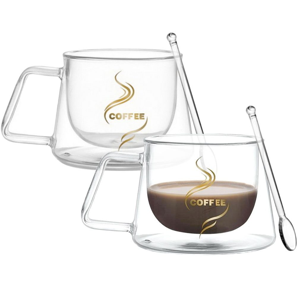 43041009-2 Set 2 cesti cu pereti dubli si 2 lingurite, Quasar & Co.®, model COFFEE, termorezistenta, lingurita ceai/cafea, 200 ml, sticla, transparent