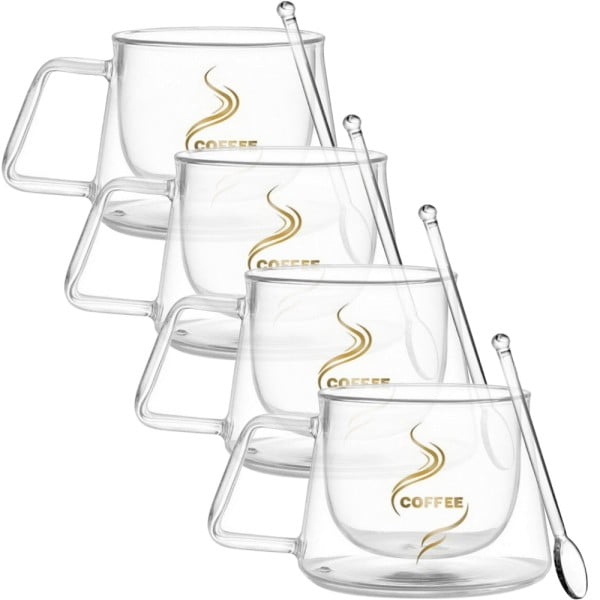 Set 4 cesti cu pereti dubli si 4 lingurite, Quasar & Co.®, model COFFEE, termorezistente, lingurita ceai/cafea, 200 ml, sticla, transparent Cesti 2024-07-27