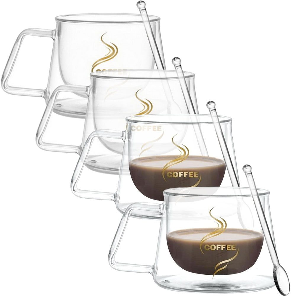 43041010-2 Set 4 cesti cu pereti dubli si 4 lingurite, Quasar & Co.®, model COFFEE, termorezistente, lingurita ceai/cafea, 200 ml, sticla, transparent
