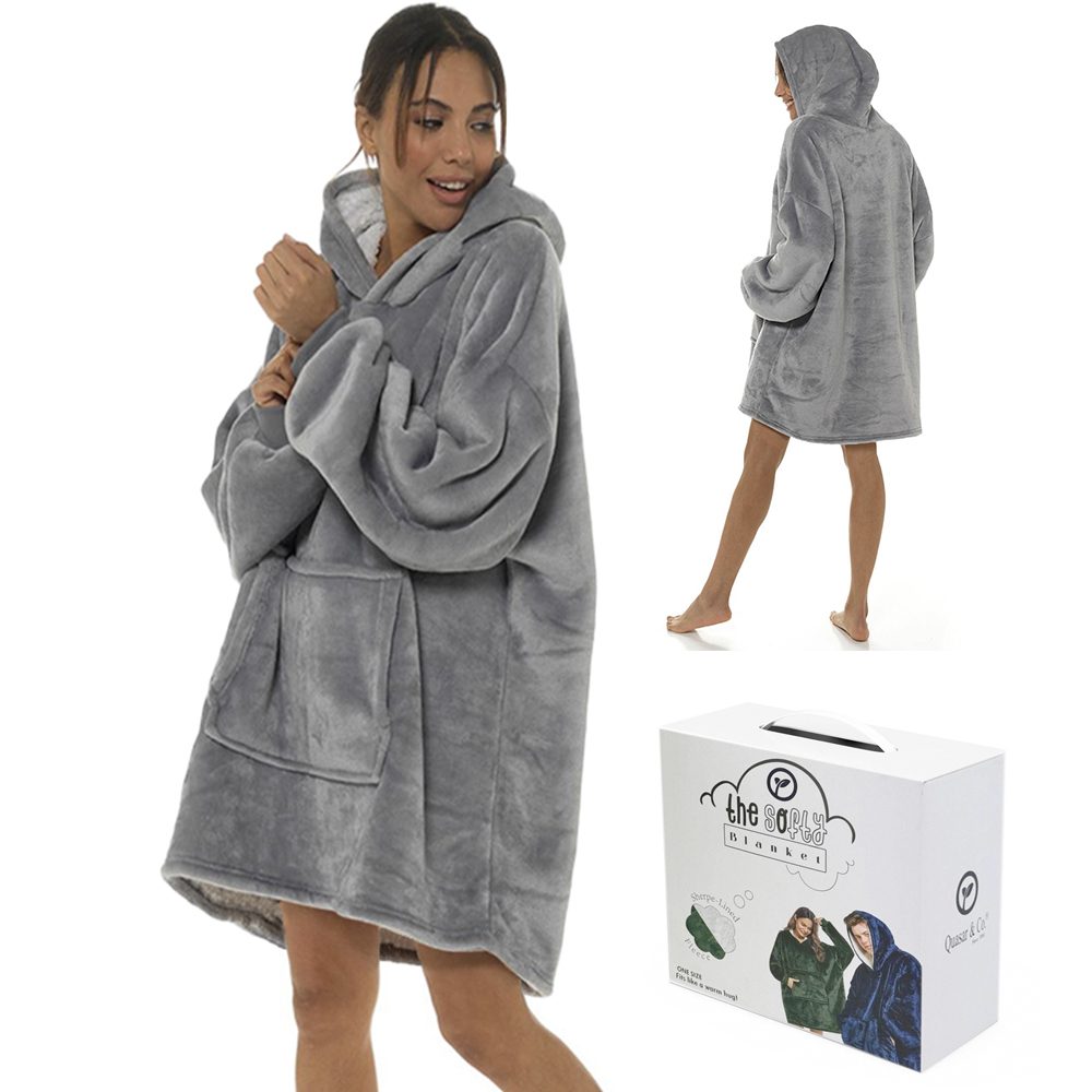 43041060-1 Patura cu maneci, gluga si buzunar, Quasar & Co.®, fleece captusit cu blana, poliester, marime universala, gri deschis