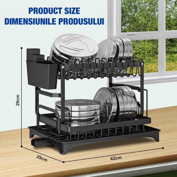 Scurgator de vase, Quasar & Co.®, etajat, cu suport cutite, tava scurgere, tacamuri, tocator, 42.3x29x29 cm, metal, negru - imagine 3