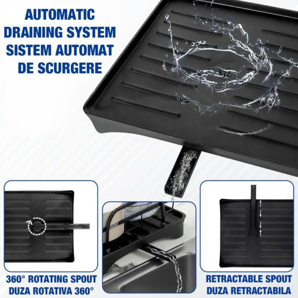 Scurgator de vase, Quasar & Co.®, etajat, cu suport cutite, tava scurgere, tacamuri, tocator, 42.3x29x29 cm, metal, negru - imagine 5
