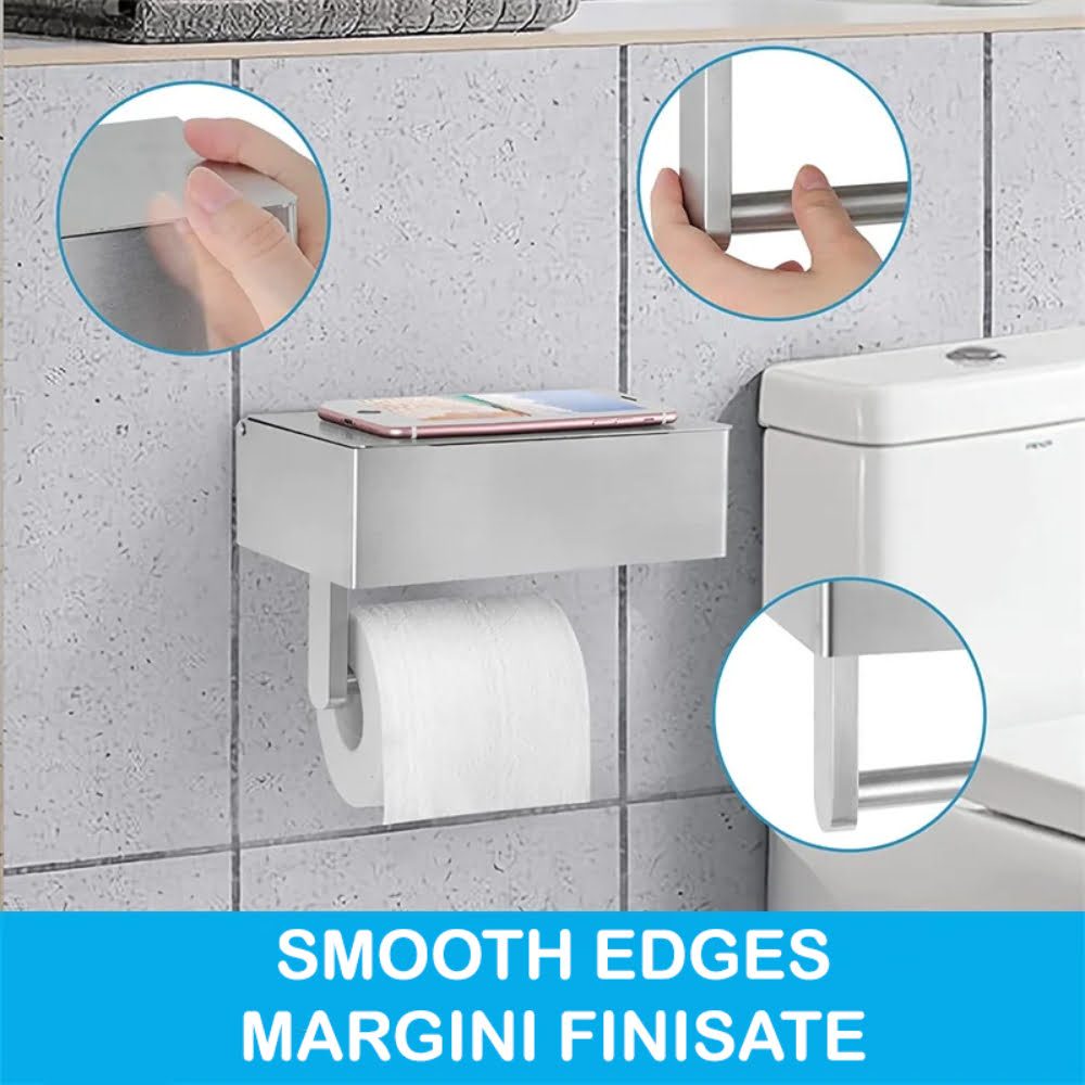 Suport hartie igienica, Quasar & Co.®, cu raft depozitare si raft servetele umede, 20.5 x 13 x 15.5 cm, metal, gri 7