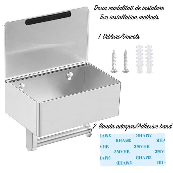 Suport hartie igienica, Quasar & Co.®, cu raft depozitare si raft servetele umede, 20.5 x 13 x 15.5 cm, metal, gri - imagine 8