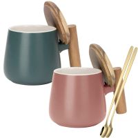 Set 2 cani cafea/ceai si lingurita, Quasar & Co.®, cu capac si maner bambus, lingurita inox, ceramica, 350 ml, roz pudrat/verde inchis 7