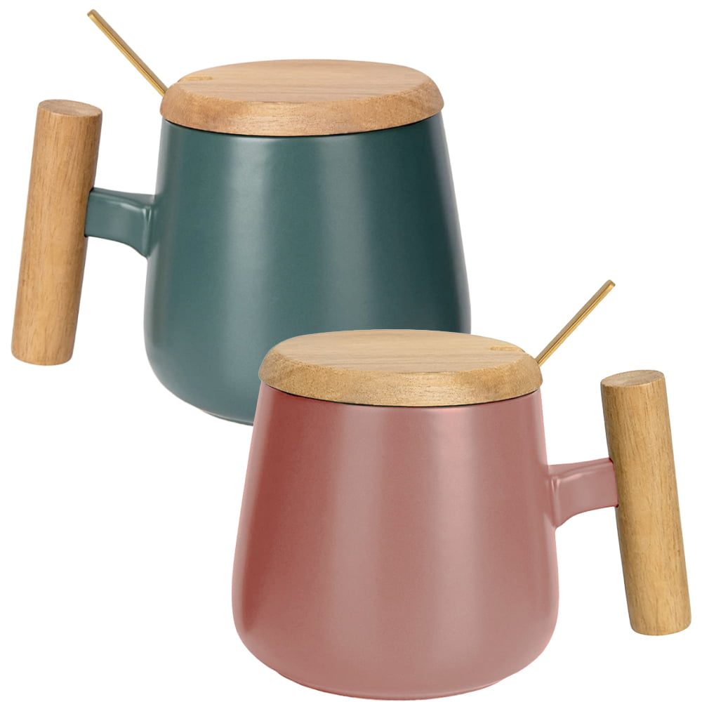 Set 2 cani cafea/ceai si lingurita, Quasar & Co.®, cu capac si maner bambus, lingurita inox, ceramica, 350 ml, roz pudrat/verde inchis 2