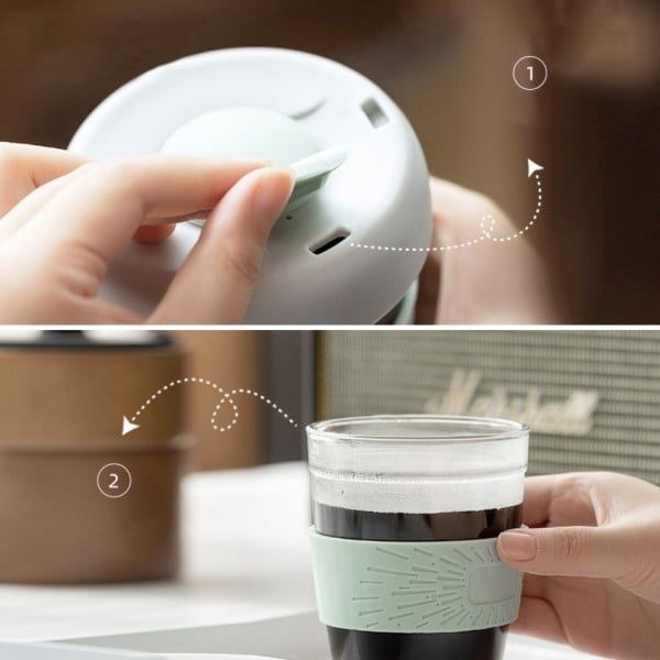 Set 2 pahare cafea/ceai, Quasar & Co.®, model To Go, cu protectie termica si capac din silicon, sticla, 320 ml, gri/verde - imagine 6